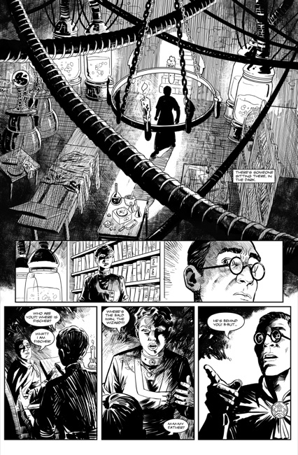 Layla enters a laboratory crowded with jars, pipes, and strange specimens. She confronts a bespectacled man about Fischer, the wizard. He points behind her.